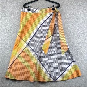Silk skirt retro maxi modern stripe & check tie detail A-line M lined boho